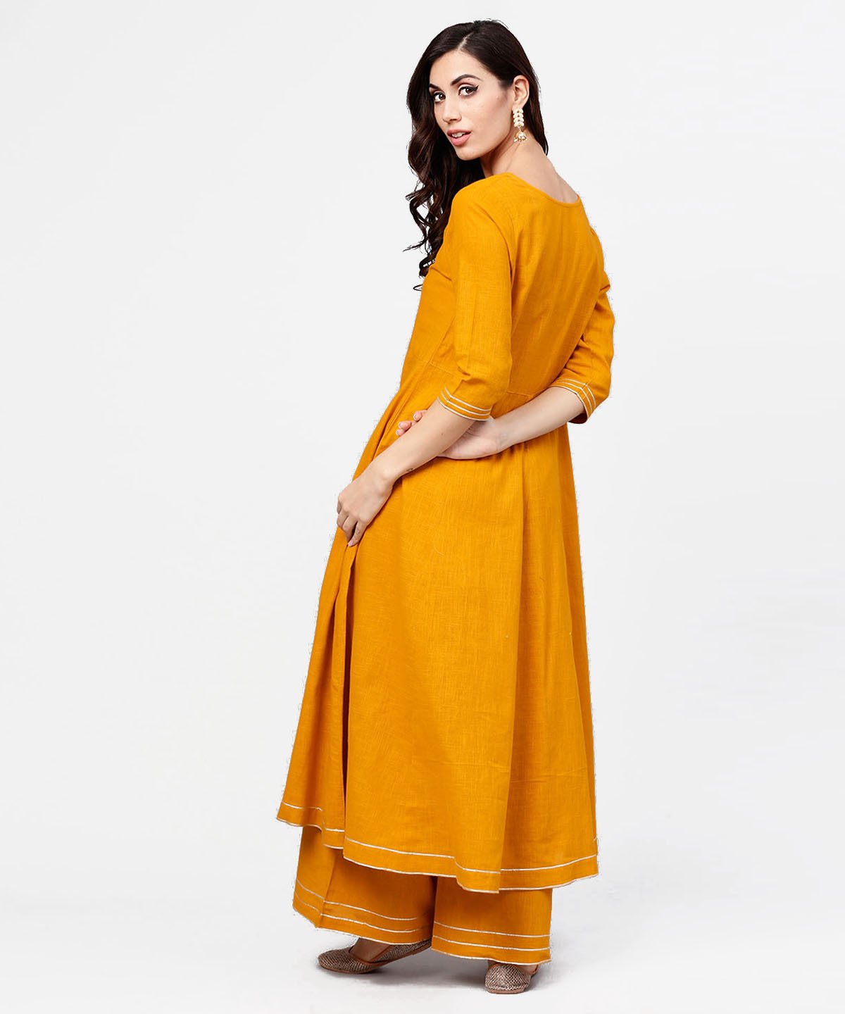 Women's Yellow 3/4Th Sleeve Cotton Anarkali Kurta With Ankle Length Flared Pallazo With Gotta Work