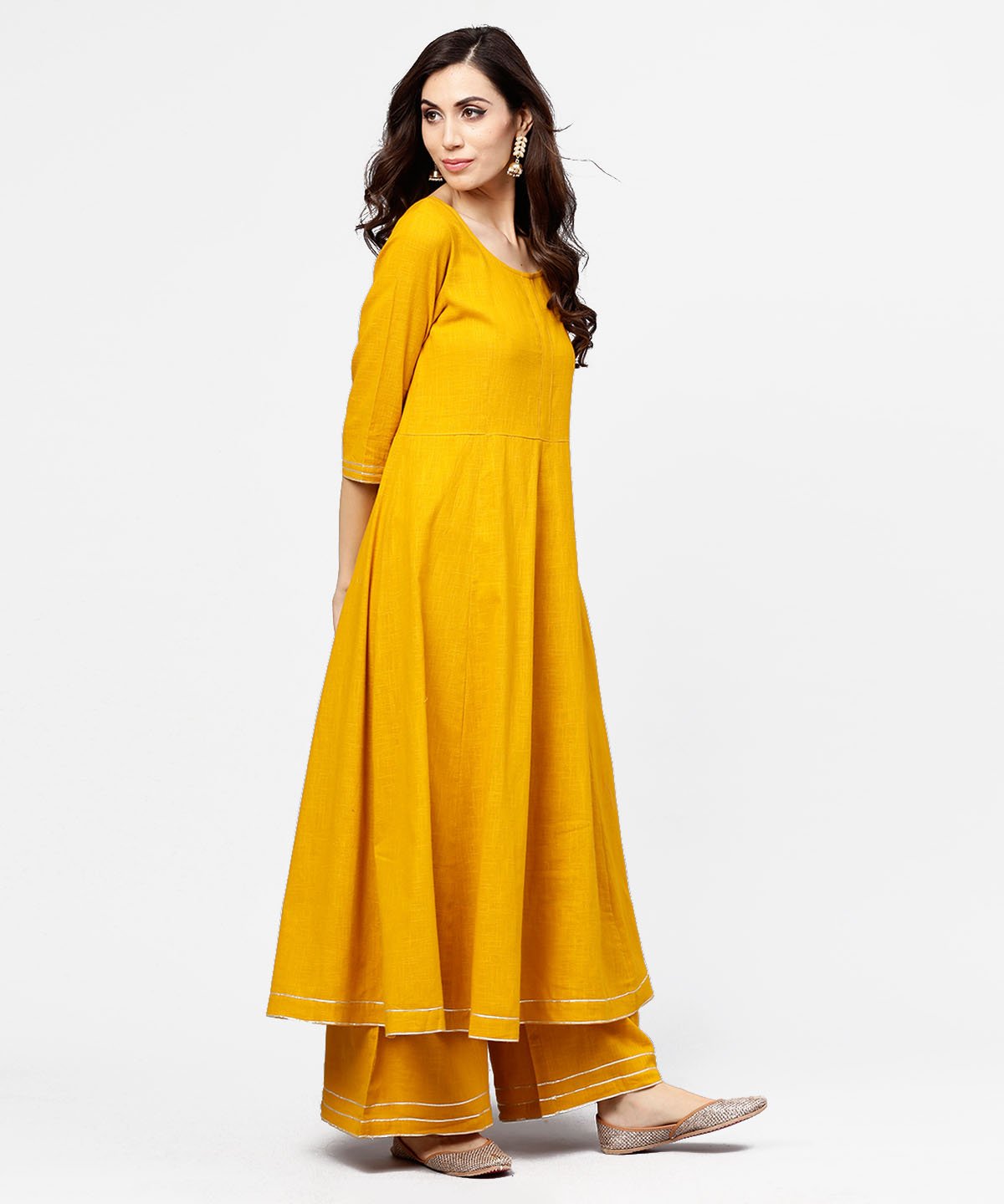 Women's Yellow 3/4Th Sleeve Cotton Anarkali Kurta With Ankle Length Flared Pallazo With Gotta Work