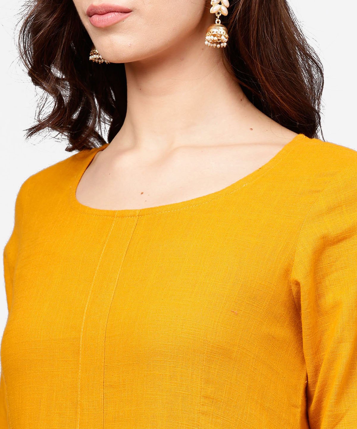 Women's Yellow 3/4Th Sleeve Cotton Anarkali Kurta With Ankle Length Flared Pallazo With Gotta Work