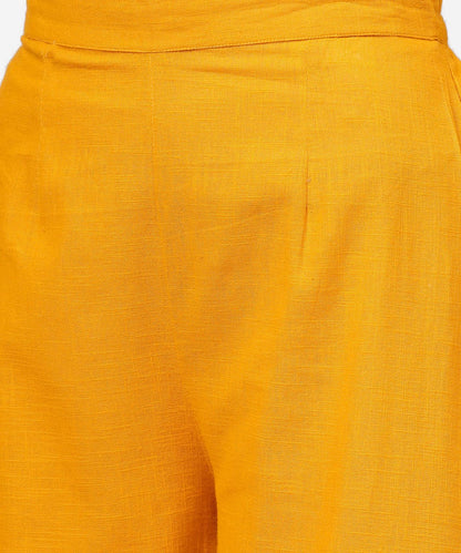 Women's Yellow 3/4Th Sleeve Cotton Anarkali Kurta With Ankle Length Flared Pallazo With Gotta Work