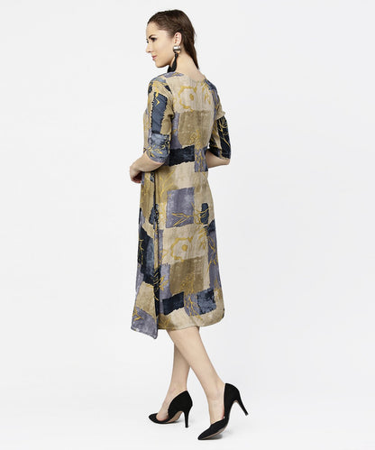 Women's Brown & Blue Printed Half Sleeve Cotton A-Line Dress