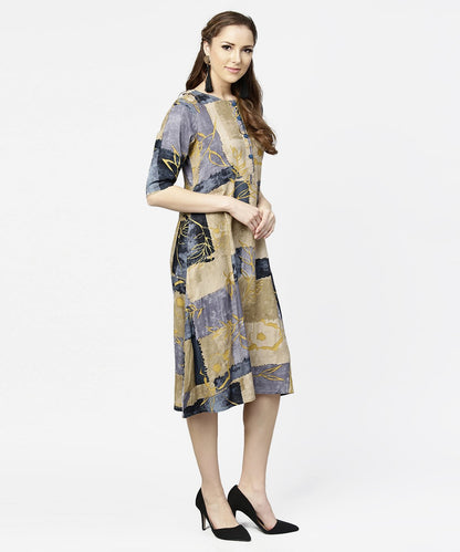 Women's Brown & Blue Printed Half Sleeve Cotton A-Line Dress