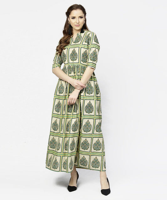 Women's Green Printed Half Sleeve Cotton Maxi Dress