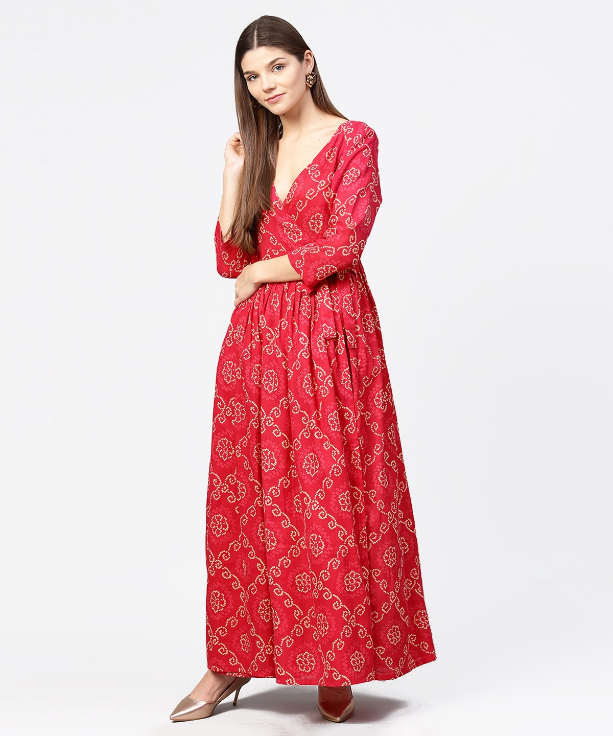 Women's Red Printed 3/4Th Sleeve Cotton Maxi Dress