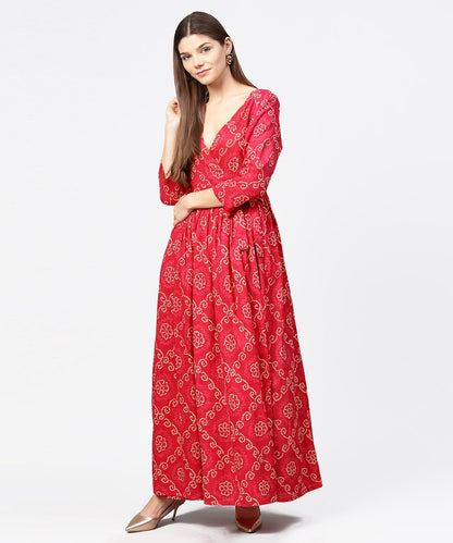 Women's Red Printed 3/4Th Sleeve Cotton Maxi Dress