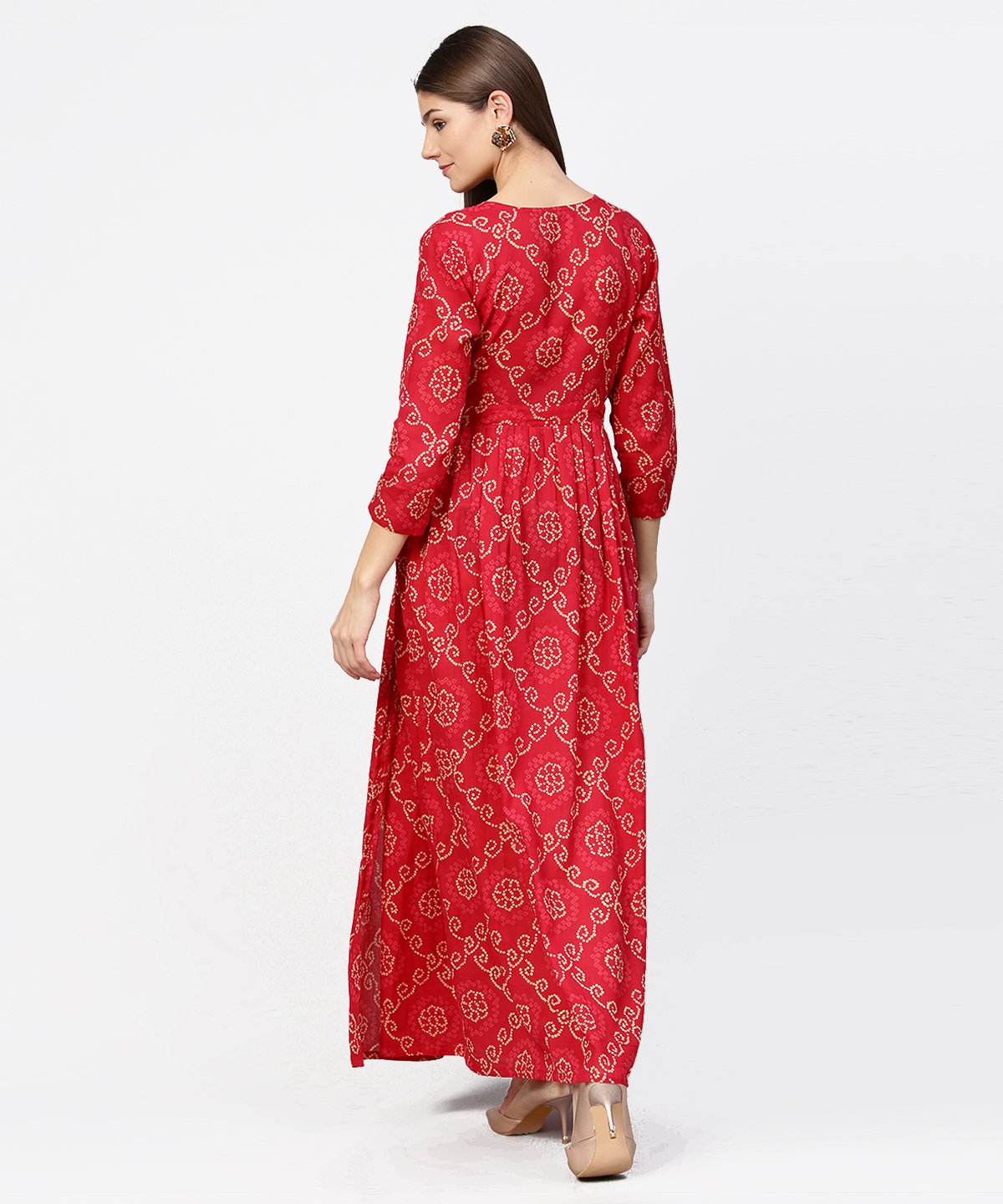 Women's Red Printed 3/4Th Sleeve Cotton Maxi Dress