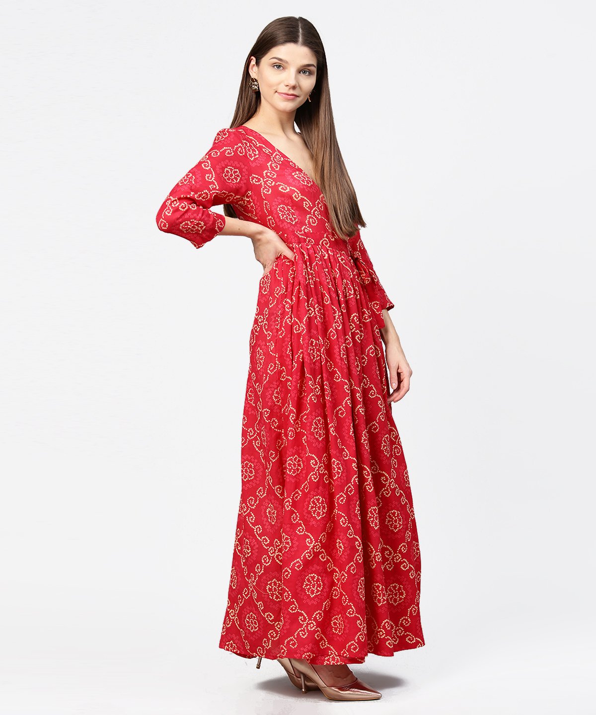 Women's Red Printed 3/4Th Sleeve Cotton Maxi Dress