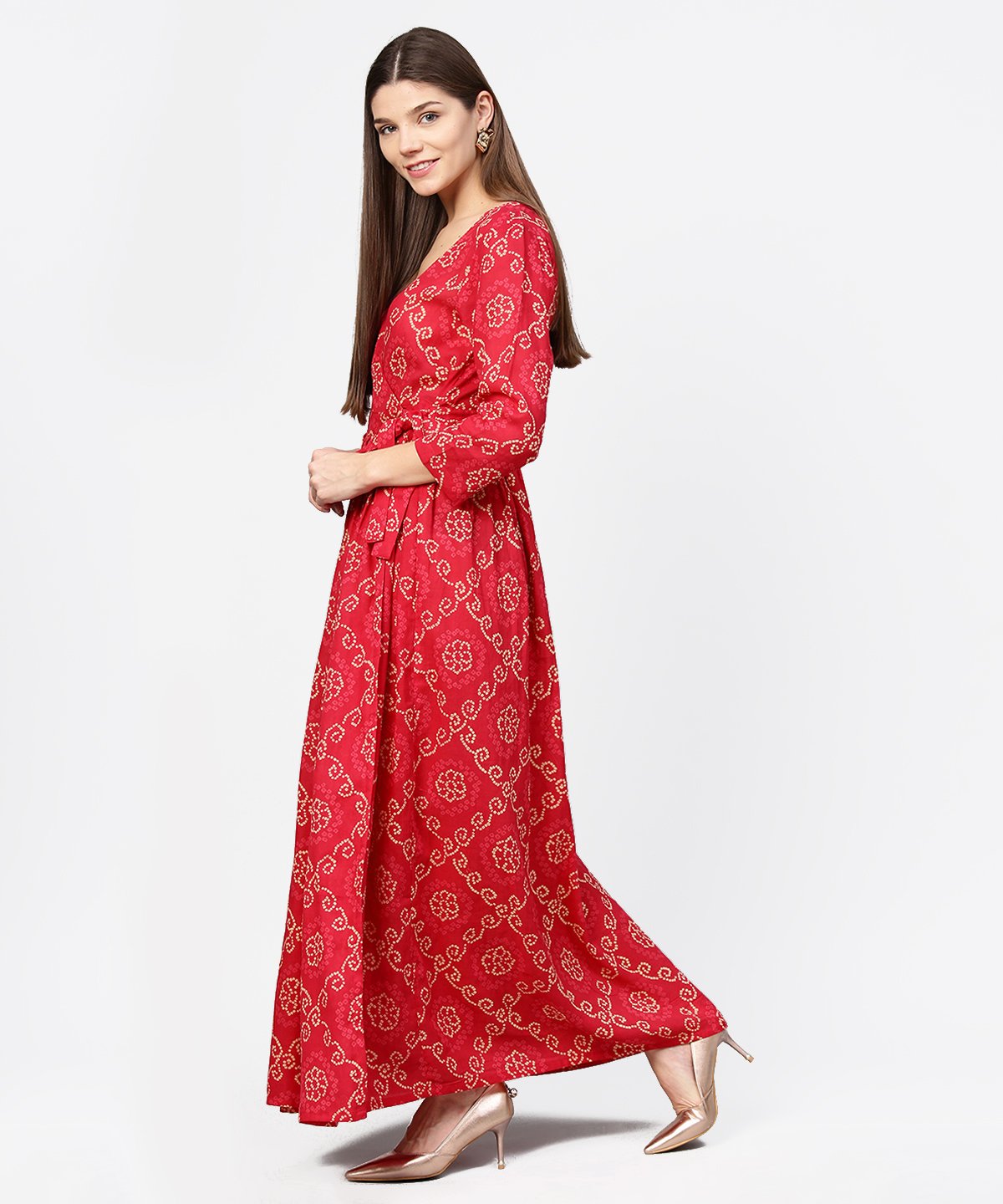 Women's Red Printed 3/4Th Sleeve Cotton Maxi Dress