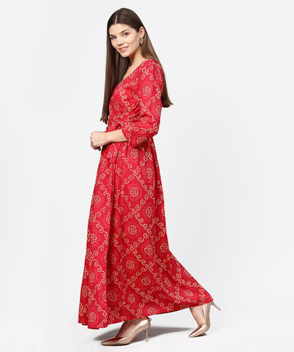 Women's Red Printed 3/4Th Sleeve Cotton Maxi Dress