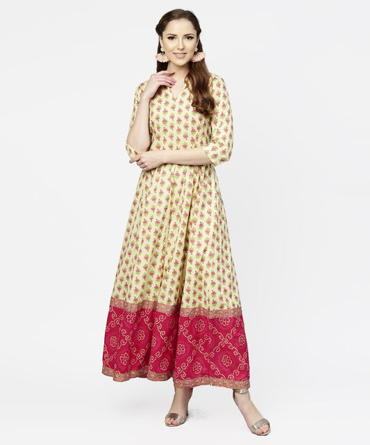 Women's Cream & Red  Printed 3/4Th Sleeve Cotton Maxi Dress With Red Printed Border