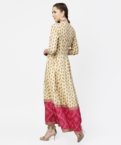 Women's Cream & Red  Printed 3/4Th Sleeve Cotton Maxi Dress With Red Printed Border