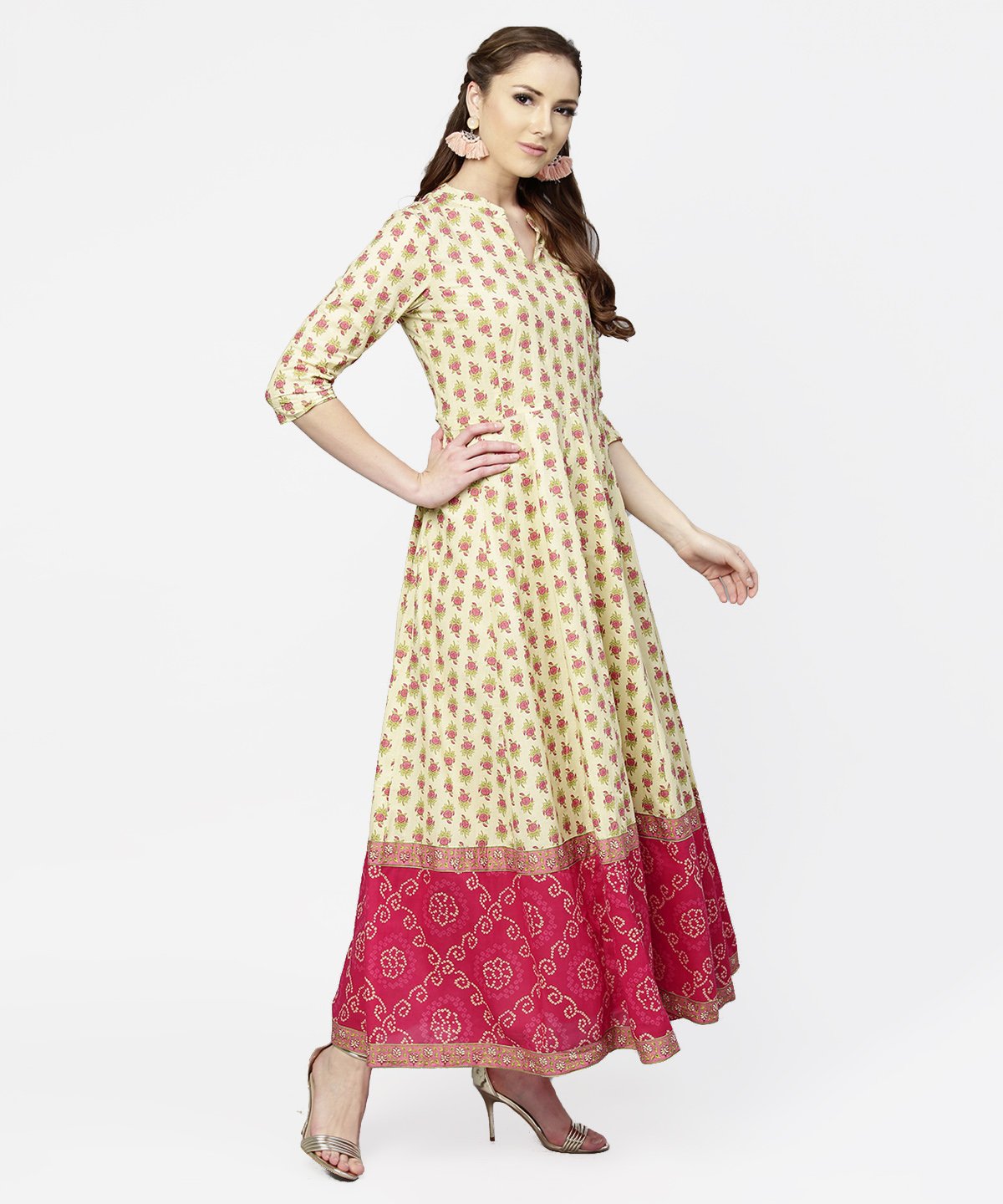 Women's Cream & Red  Printed 3/4Th Sleeve Cotton Maxi Dress With Red Printed Border