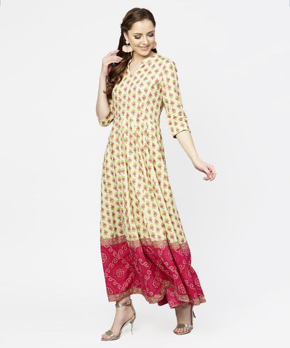 Women's Cream & Red  Printed 3/4Th Sleeve Cotton Maxi Dress With Red Printed Border