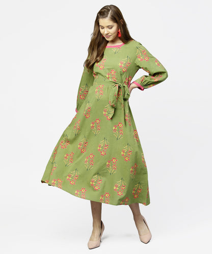 Women's Green Printed 3/4Th Sleeve Cotton Maxi Dress With Belt