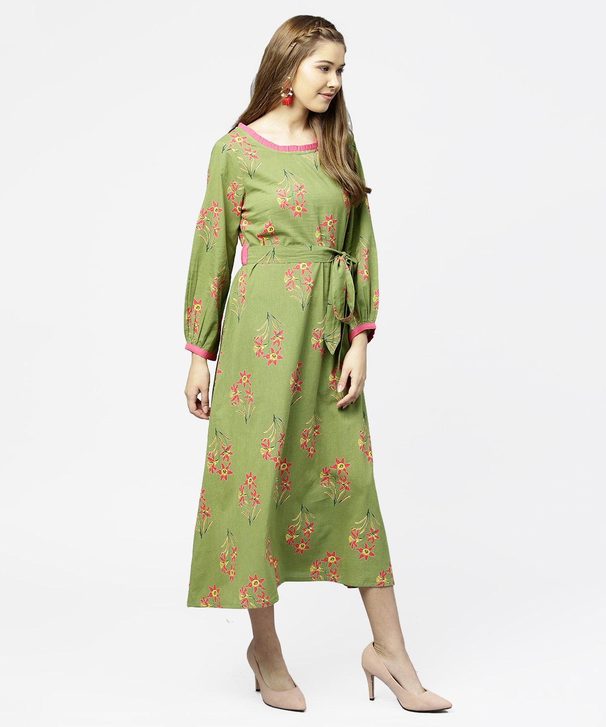 Women's Green Printed 3/4Th Sleeve Cotton Maxi Dress With Belt
