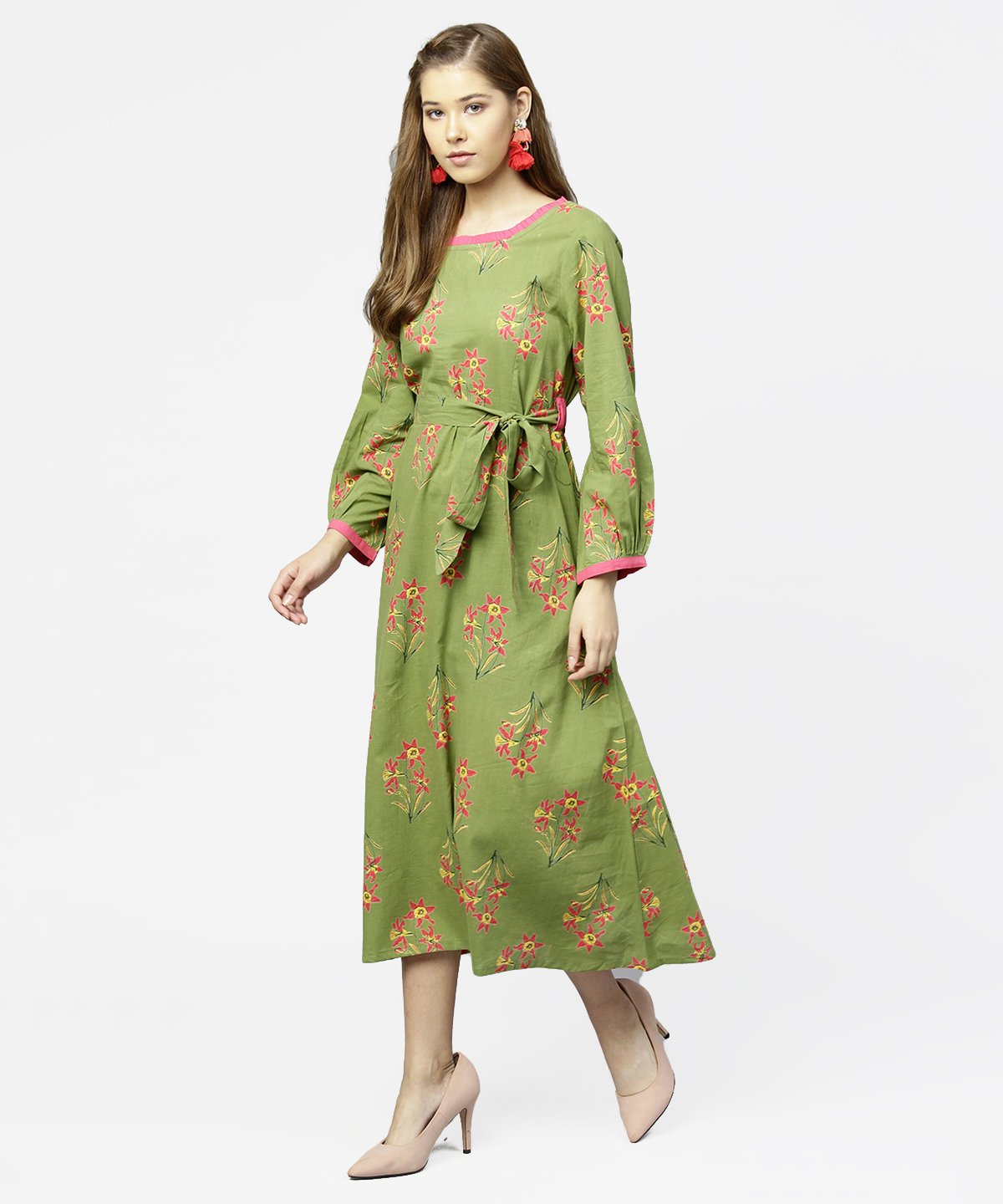 Women's Green Printed 3/4Th Sleeve Cotton Maxi Dress With Belt