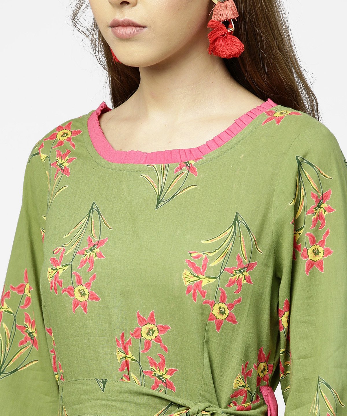 Women's Green Printed 3/4Th Sleeve Cotton Maxi Dress With Belt