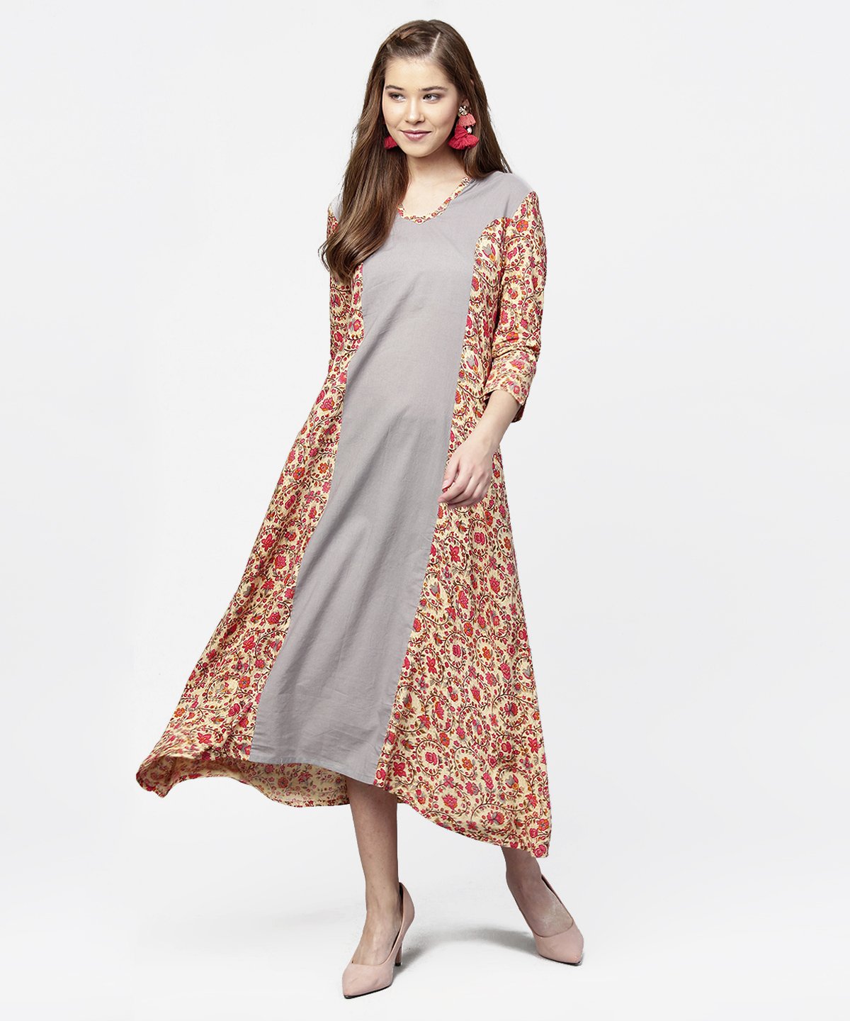 Women's Red & Grey Priinted 3/4Th Sleeve Cotton A-Line Dress