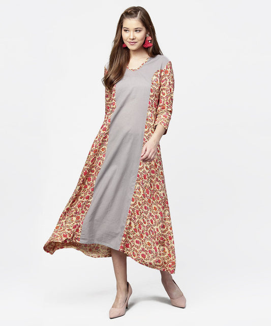 Women's Red & Grey Priinted 3/4Th Sleeve Cotton A-Line Dress
