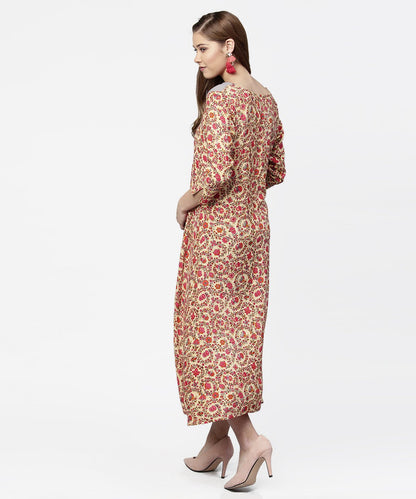 Women's Red & Grey Priinted 3/4Th Sleeve Cotton A-Line Dress