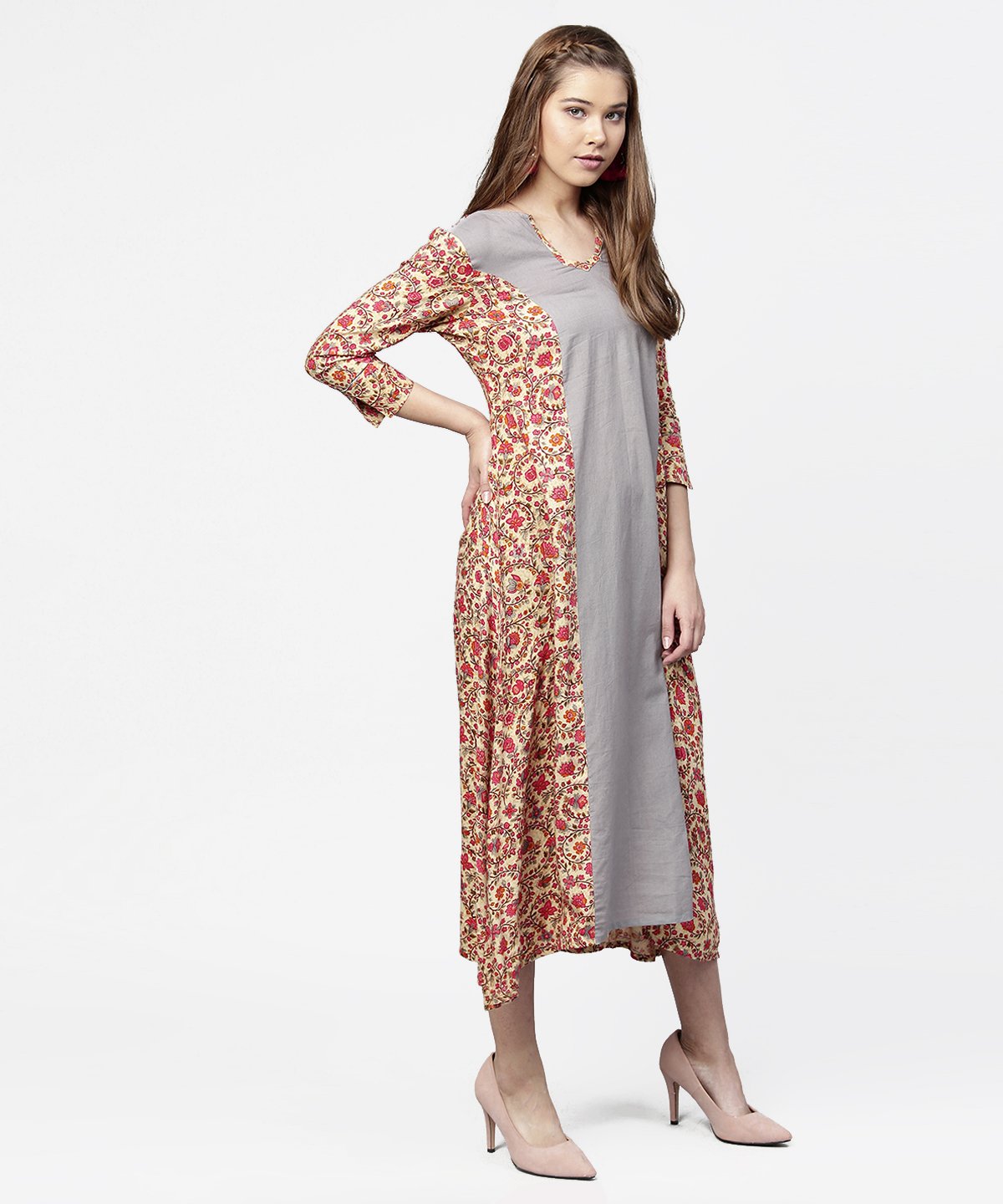 Women's Red & Grey Priinted 3/4Th Sleeve Cotton A-Line Dress