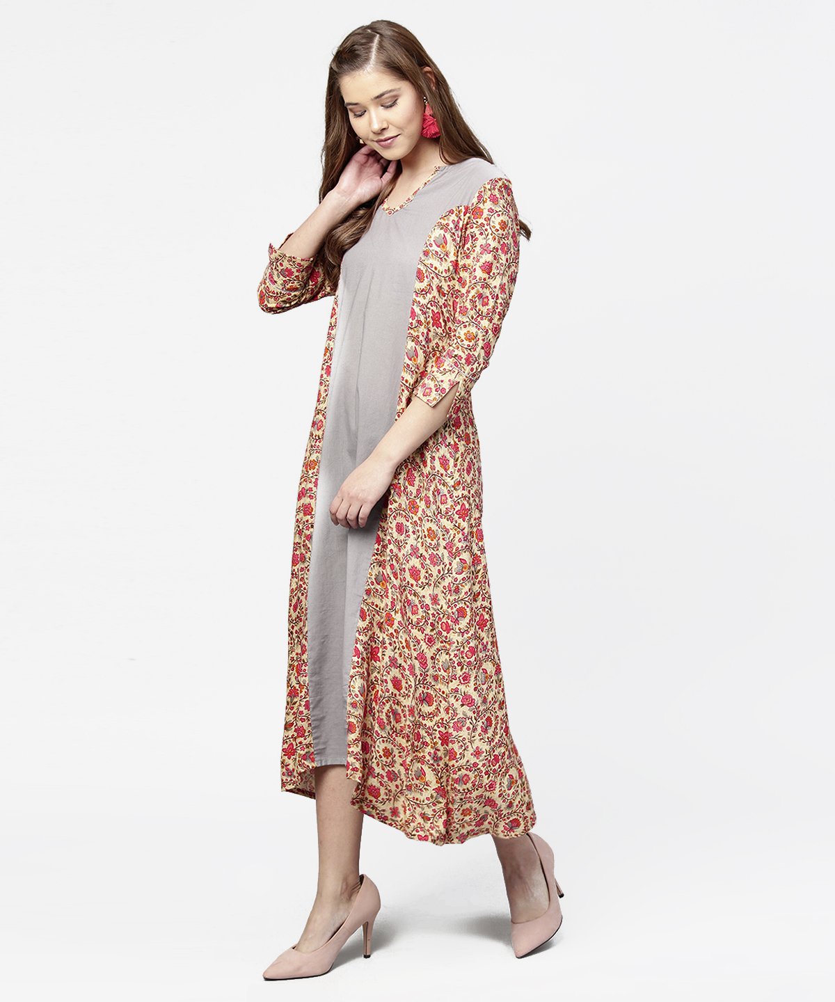 Women's Red & Grey Priinted 3/4Th Sleeve Cotton A-Line Dress