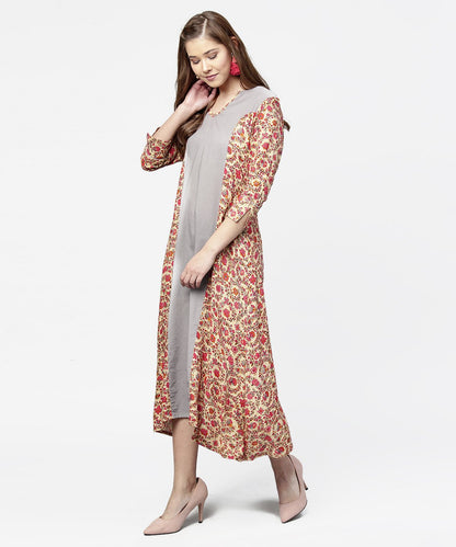 Women's Red & Grey Priinted 3/4Th Sleeve Cotton A-Line Dress