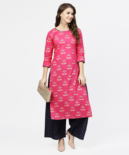 Women's Pink 3/4Th Sleeve Cotton Printed Kurta With Black Printed Ankle Length Pallazo