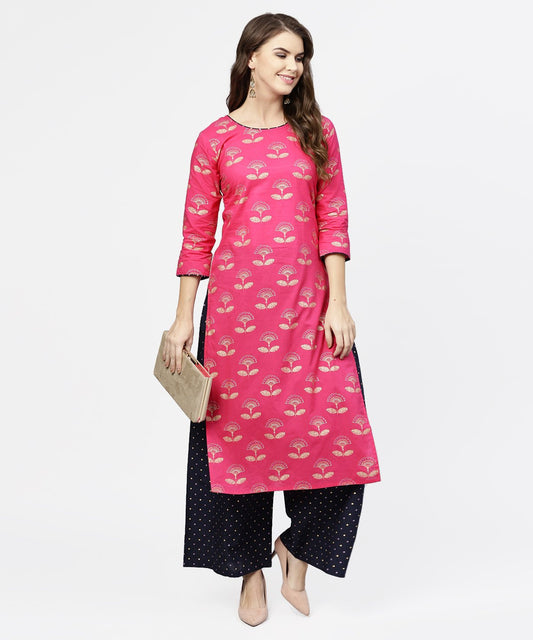Women's Pink 3/4Th Sleeve Cotton Printed Kurta With Black Printed Ankle Length Pallazo