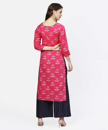 Women's Pink 3/4Th Sleeve Cotton Printed Kurta With Black Printed Ankle Length Pallazo