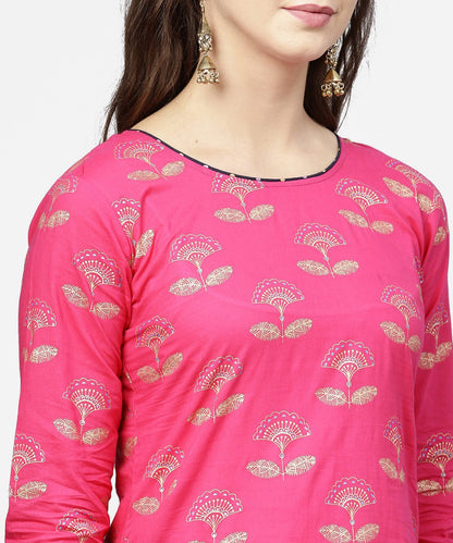Women's Pink 3/4Th Sleeve Cotton Printed Kurta With Black Printed Ankle Length Pallazo