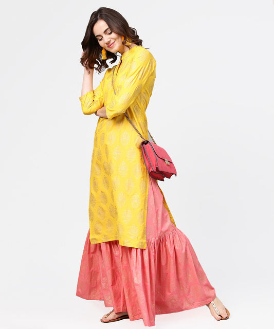 Women's Yellow Golden Printed 3/4Th Sleeve Kurta With Pink Ankle Length Sharara