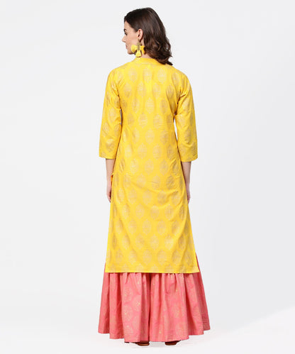 Women's Yellow Golden Printed 3/4Th Sleeve Kurta With Pink Ankle Length Sharara