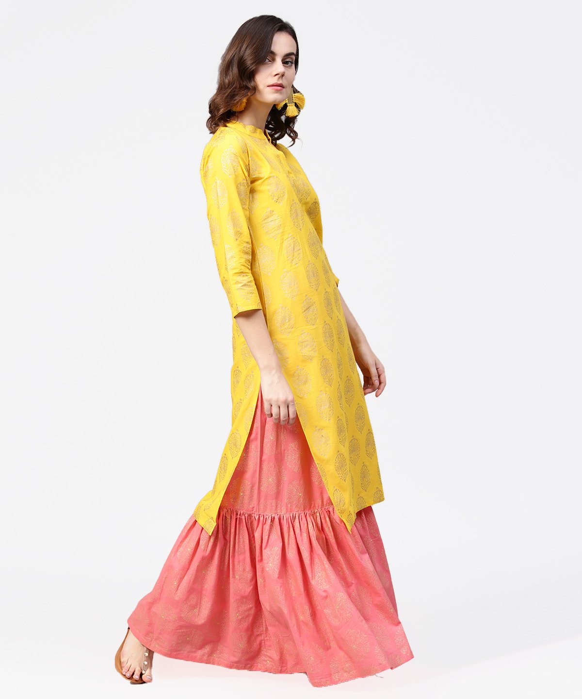 Women's Yellow Golden Printed 3/4Th Sleeve Kurta With Pink Ankle Length Sharara
