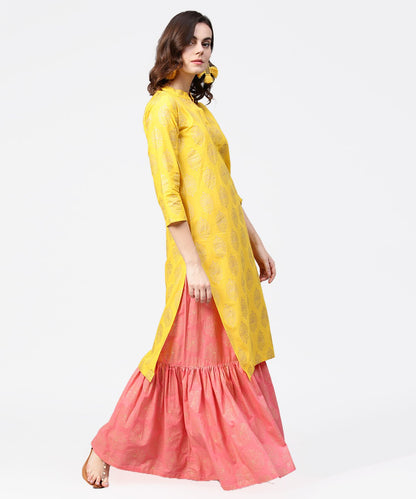 Women's Yellow Golden Printed 3/4Th Sleeve Kurta With Pink Ankle Length Sharara