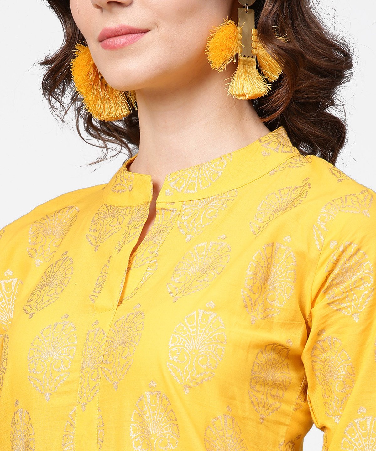 Women's Yellow Golden Printed 3/4Th Sleeve Kurta With Pink Ankle Length Sharara