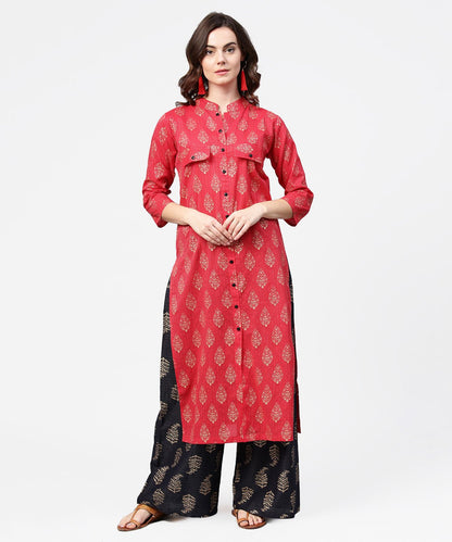 Women's Pink Printed 3/4Th Sleeve Cotton Kurta With Black Printed Pallazo