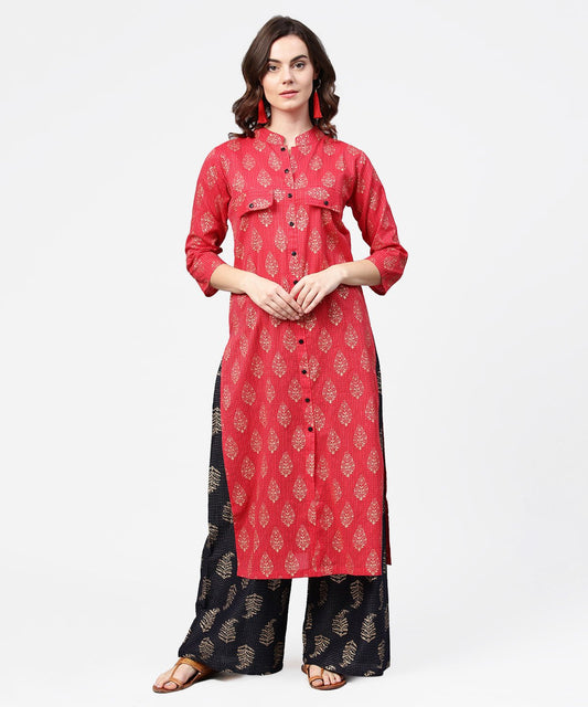 Women's Pink Printed 3/4Th Sleeve Cotton Kurta With Black Printed Pallazo