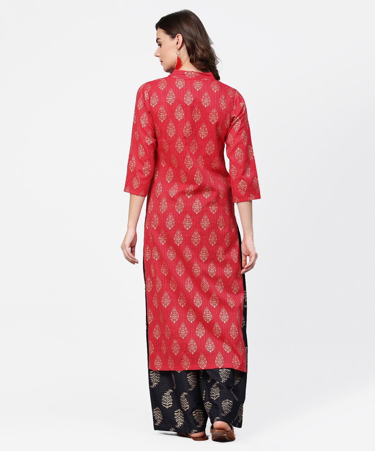 Women's Pink Printed 3/4Th Sleeve Cotton Kurta With Black Printed Pallazo