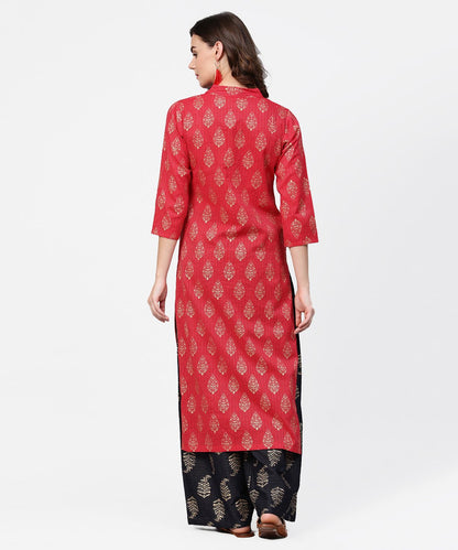 Women's Pink Printed 3/4Th Sleeve Cotton Kurta With Black Printed Pallazo