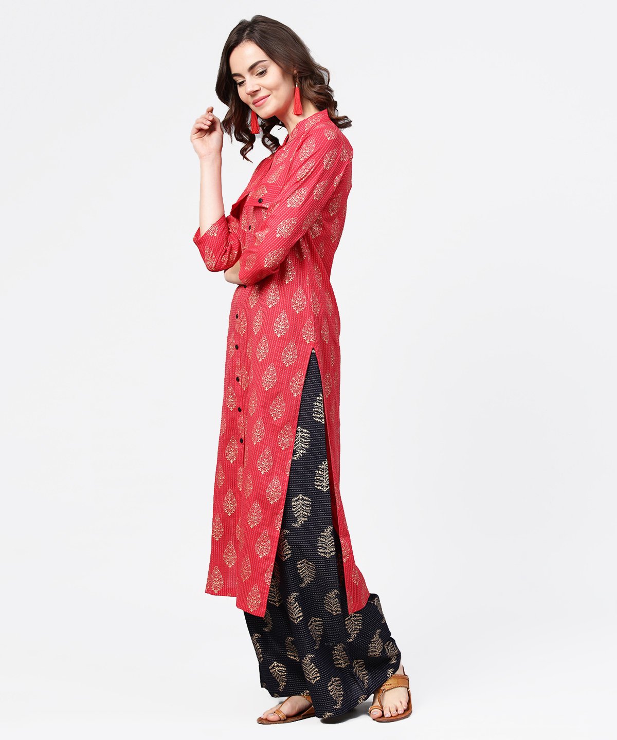 Women's Pink Printed 3/4Th Sleeve Cotton Kurta With Black Printed Pallazo