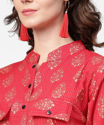 Women's Pink Printed 3/4Th Sleeve Cotton Kurta With Black Printed Pallazo