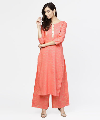 Women's Peach Printed 3/4Th Sleeve Cotton Kurta With Flared Ankle Length Pallazo