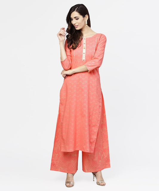 Women's Peach Printed 3/4Th Sleeve Cotton Kurta With Flared Ankle Length Pallazo