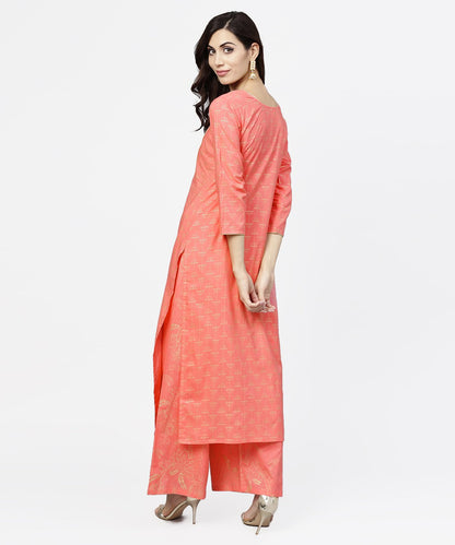 Women's Peach Printed 3/4Th Sleeve Cotton Kurta With Flared Ankle Length Pallazo