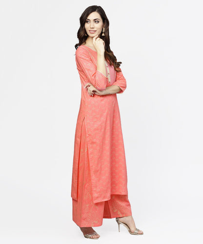 Women's Peach Printed 3/4Th Sleeve Cotton Kurta With Flared Ankle Length Pallazo
