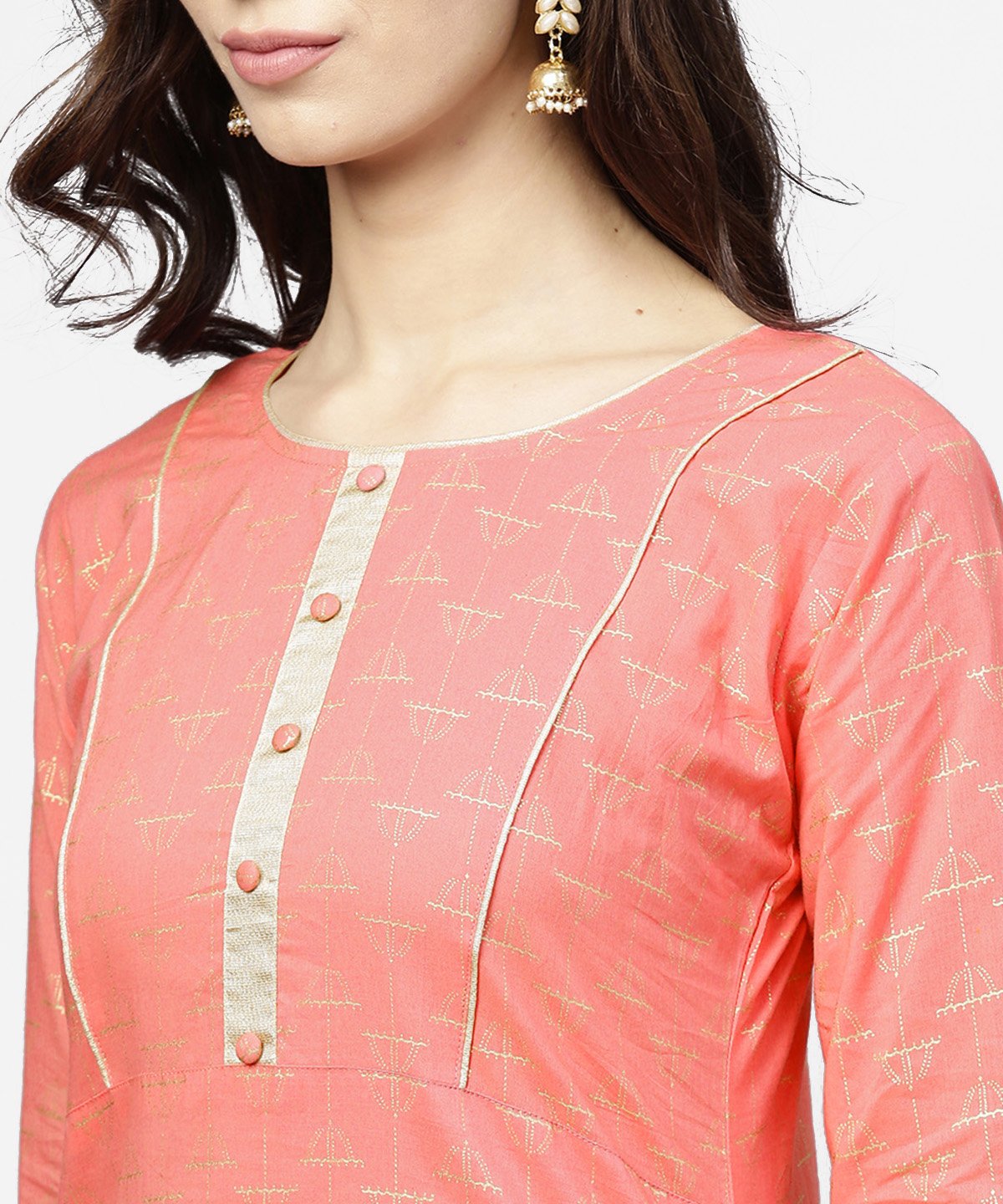 Women's Peach Printed 3/4Th Sleeve Cotton Kurta With Flared Ankle Length Pallazo