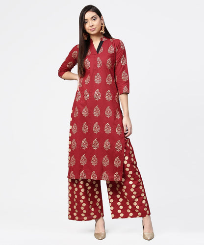 Women's Red Butta Printed 3/4Th Sleeve Kurta With Printed Pallazo