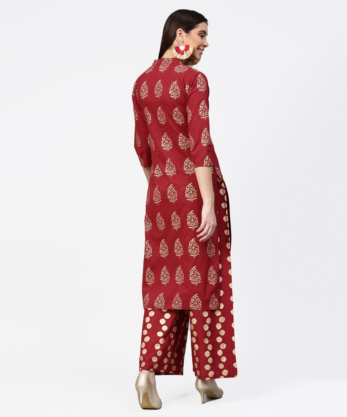 Women's Red Butta Printed 3/4Th Sleeve Kurta With Printed Pallazo