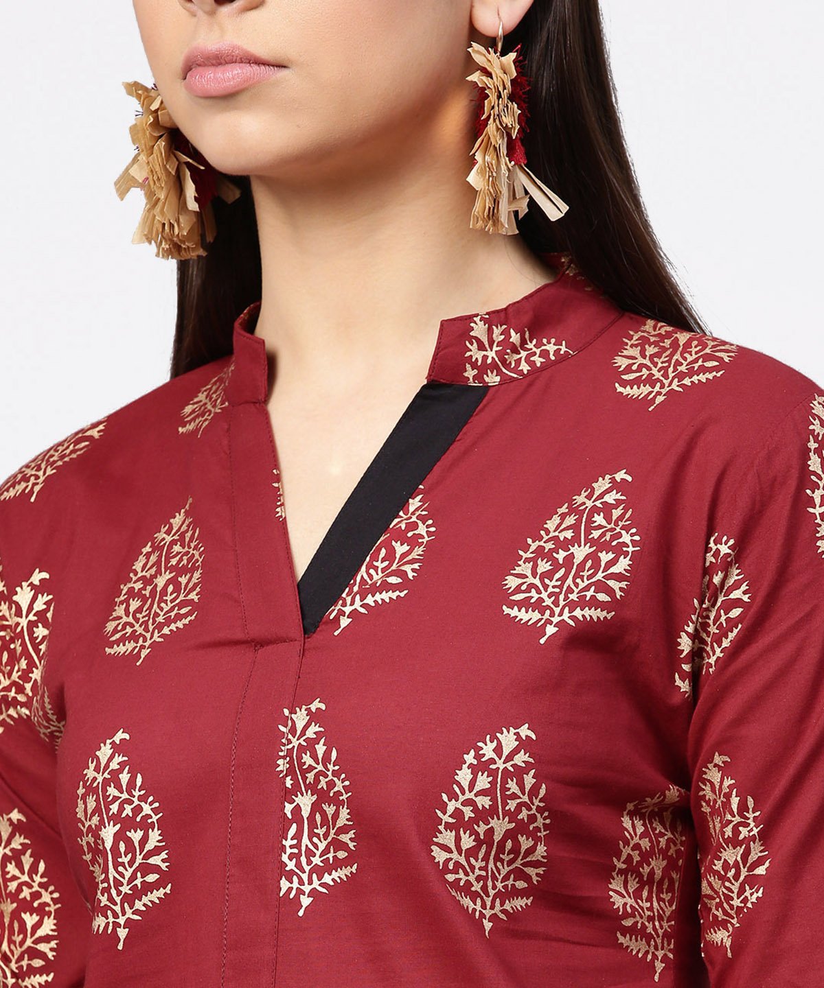 Women's Red Butta Printed 3/4Th Sleeve Kurta With Printed Pallazo